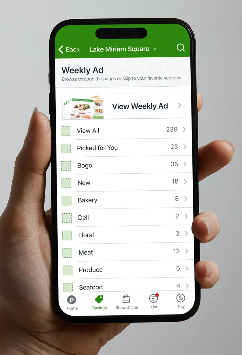 The weekly ad screen with deal categories such as bakery, deli, produce, and meat, each with a count of deals.