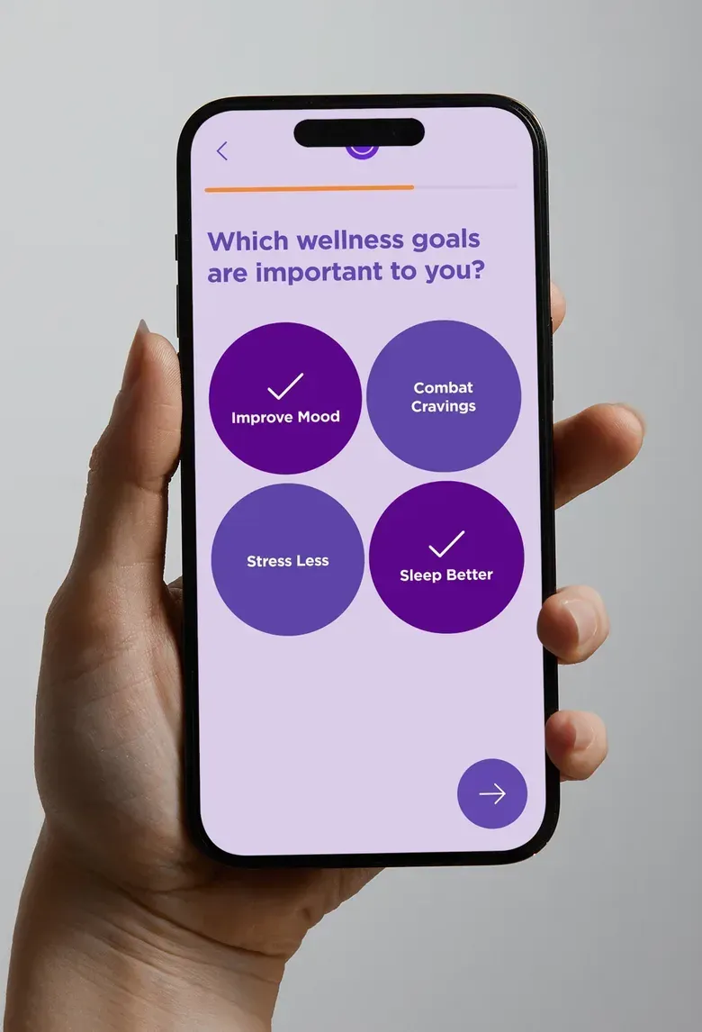 A concept onboarding screen asking which wellness goals matter to the customer, such as improving mood or sleeping better.