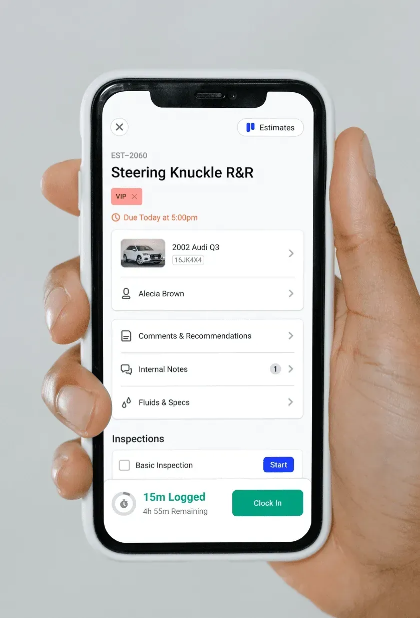 A work order with the vehicle, customer, comments, notes and an inspection to start.