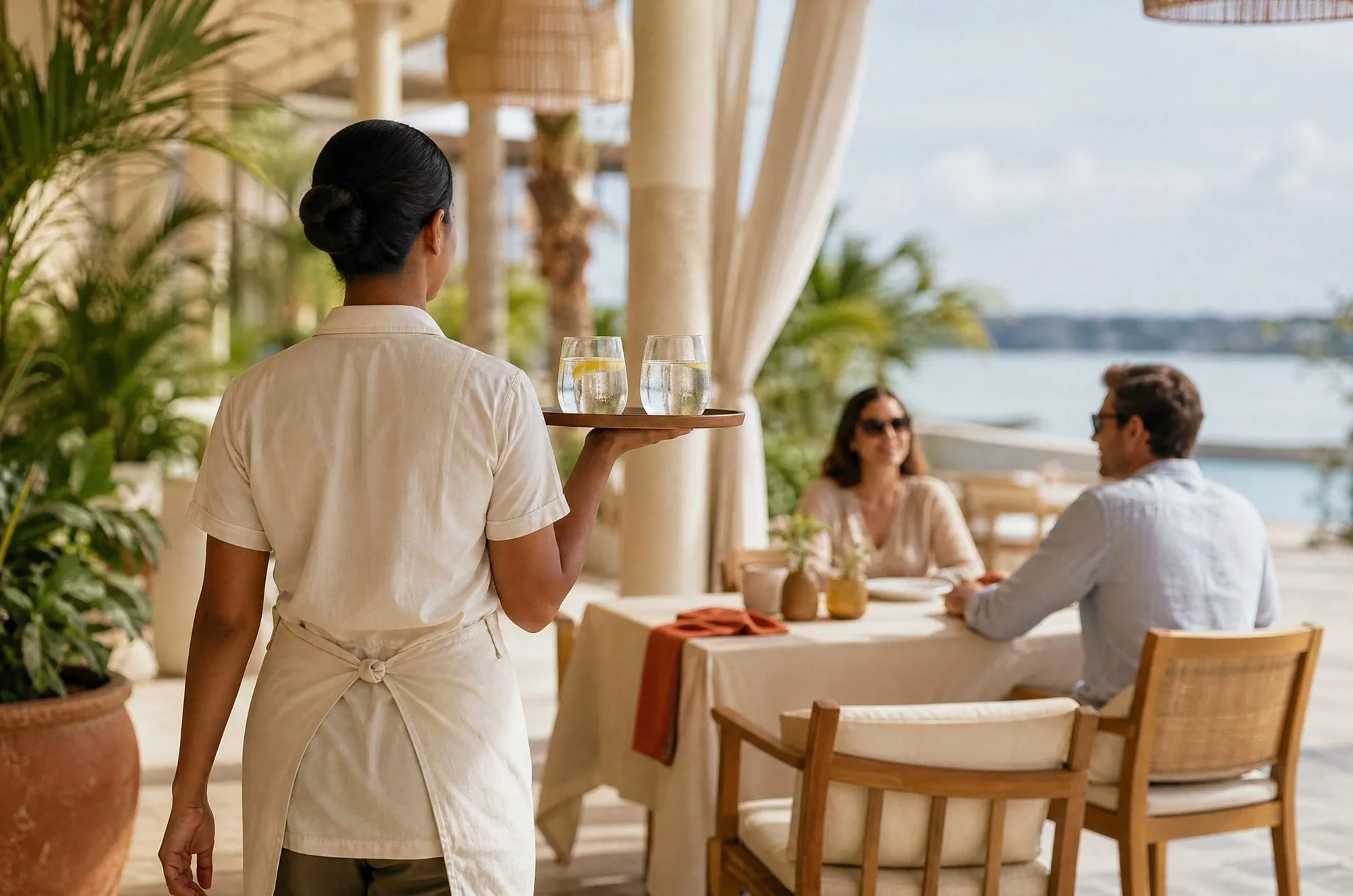 Server in a cream apron carries two glasses of water on a tray toward guests seated on a sunny resort terrace